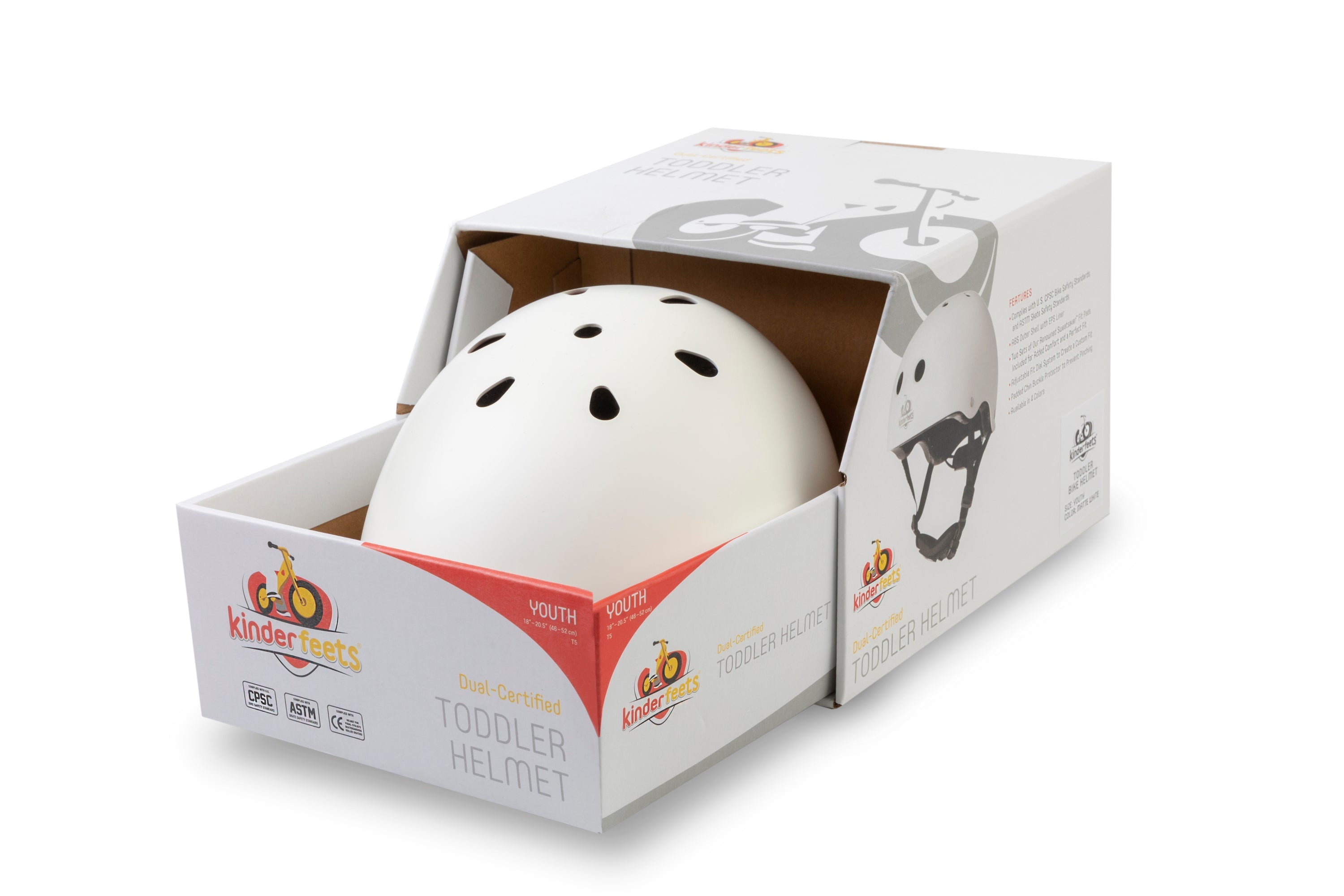 Kinderfeets toddler bike helmet in matte finish, shown in packshot open view with adjustable straps and colorful design for kids.
