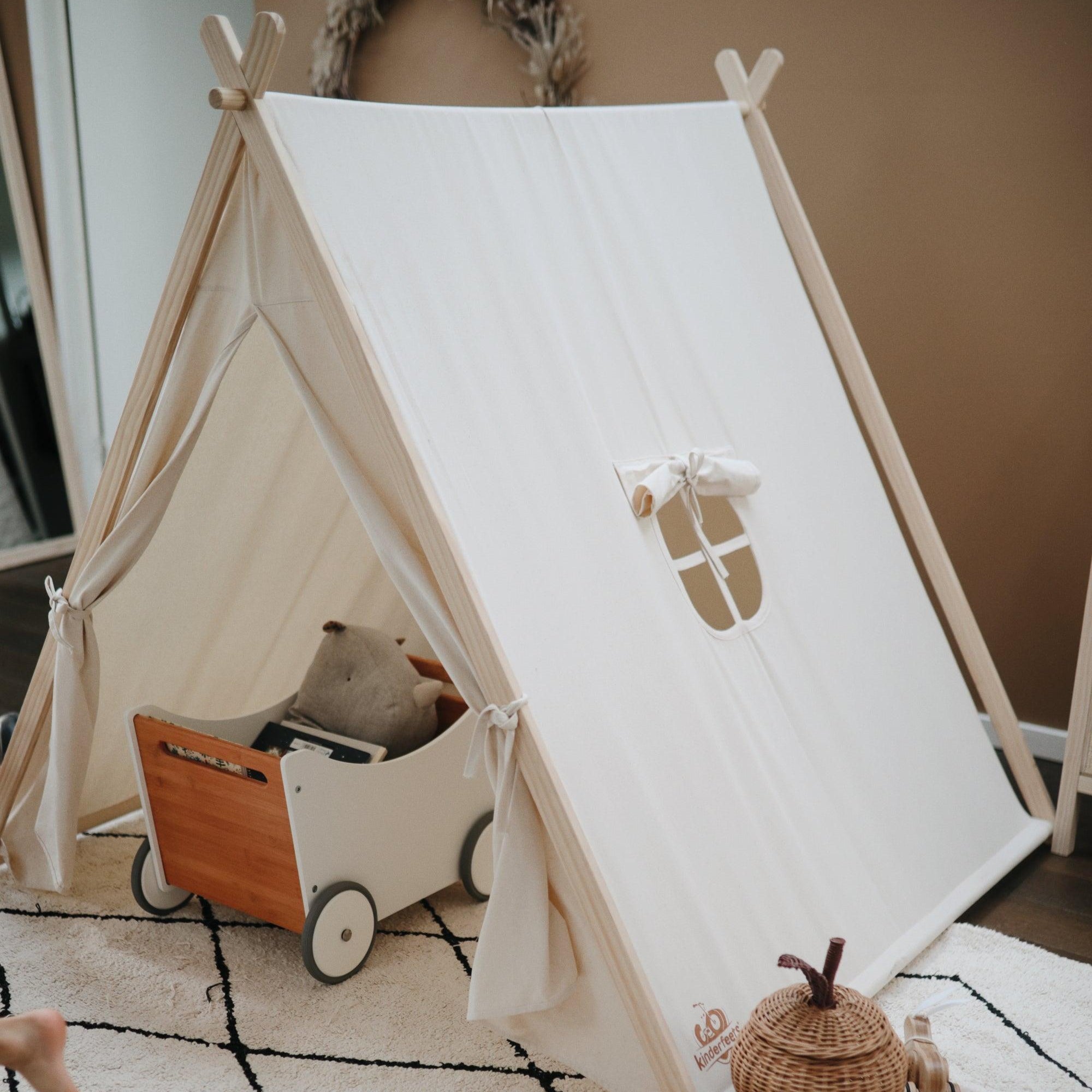Kids' play tent from Kinderfeets with colorful fabric and easy-to-assemble design for imaginative play.