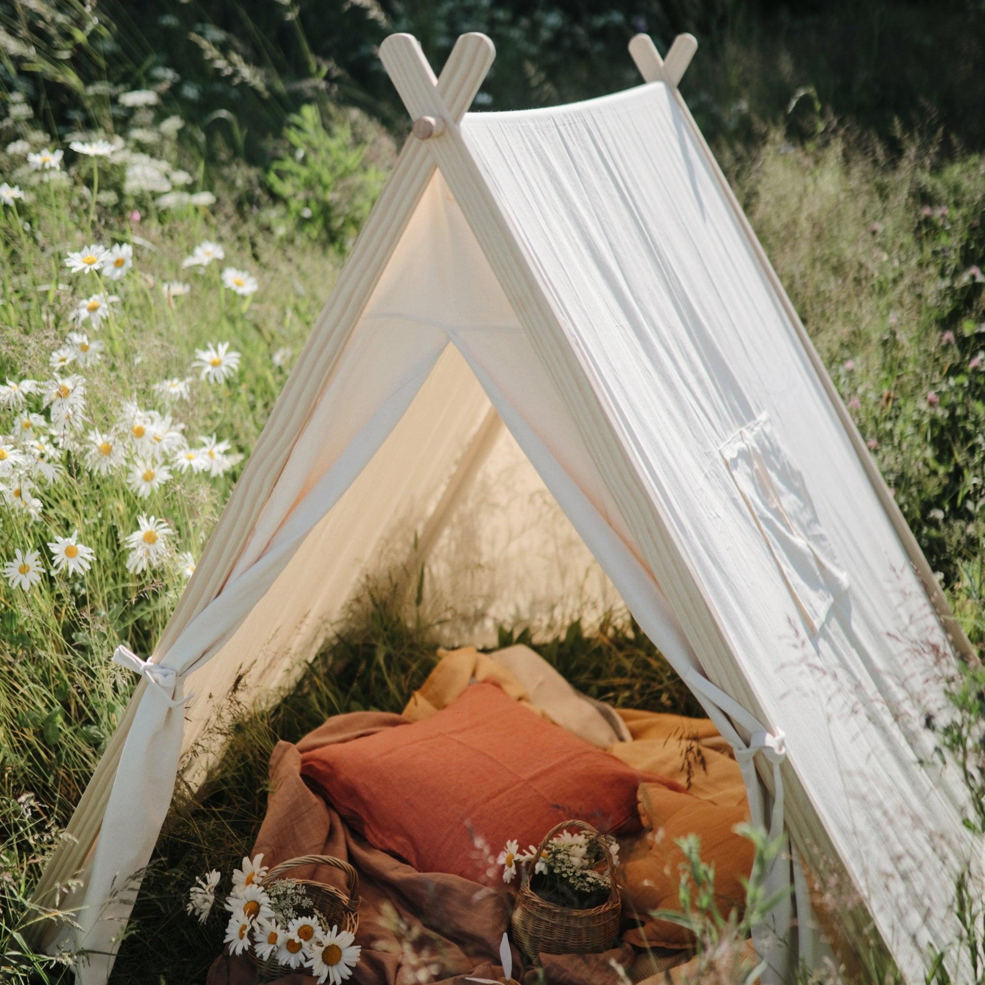 Colorful Kinderfeets Play Tent by Kinderfeets with fabric walls and a mesh window, designed for kids' imaginative play.