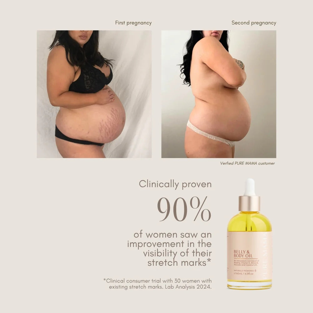 Pure Mama Bump Love Set with belly and body oils and scrub, designed for women care and stretch mark prevention.