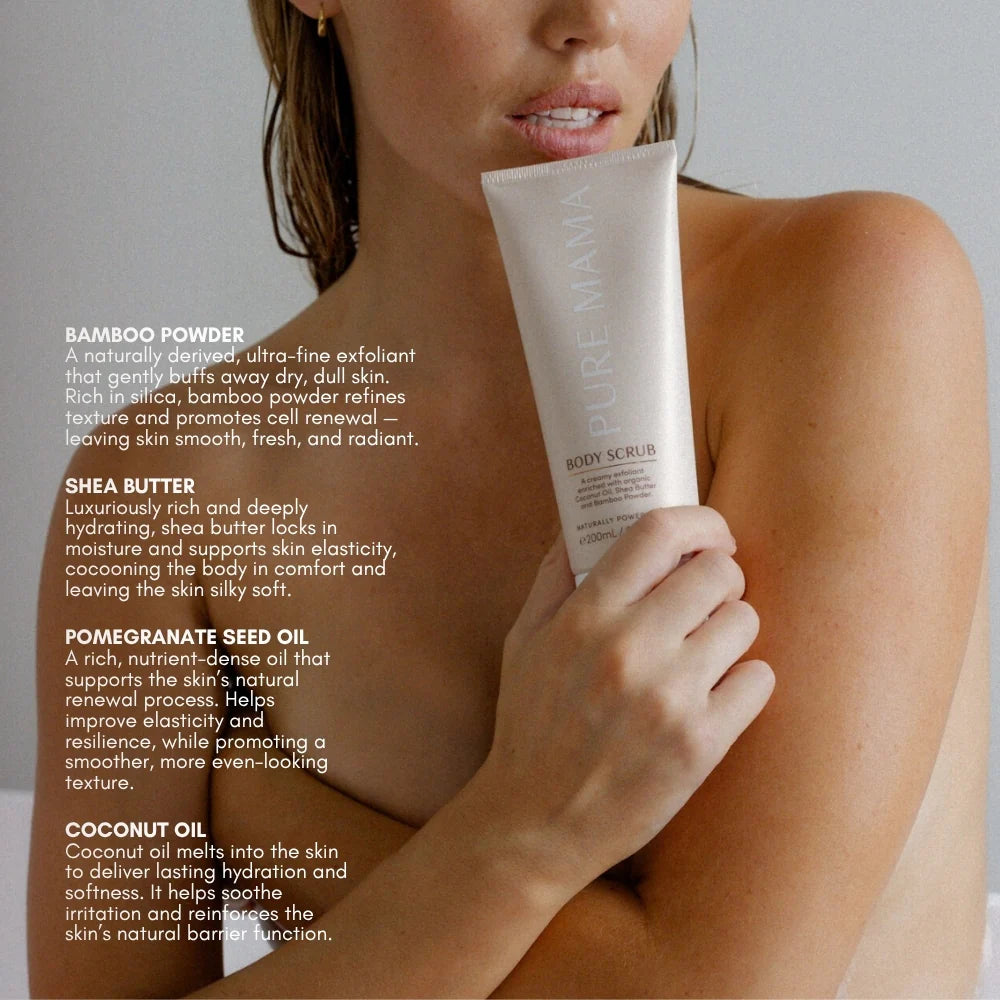 Pure Mama Bump Love Set for women, includes belly and body oils, scrub, and stretch mark oil for skin care and hydration.