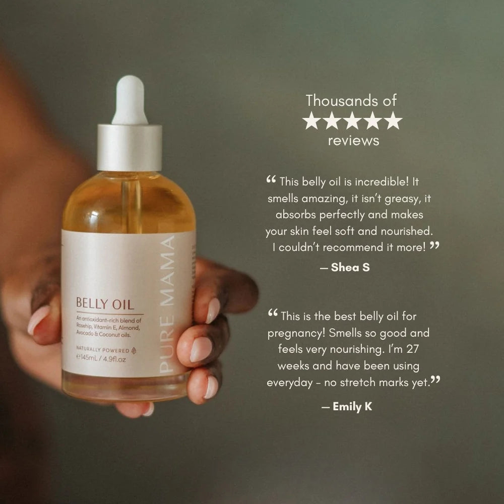 Pure Mama Bump Love Set with belly and body oil, scrub, and stretch mark oil for women care, displayed with bottles and jars in the image.