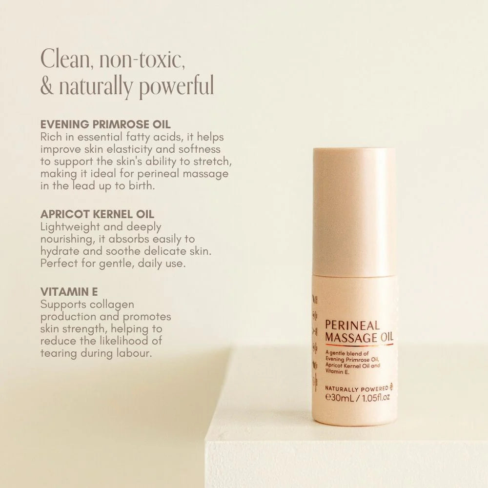 Pure Mama Perineal Massage Oil for women care, used during birth prep to reduce tearing and episotomy, shown in the image.