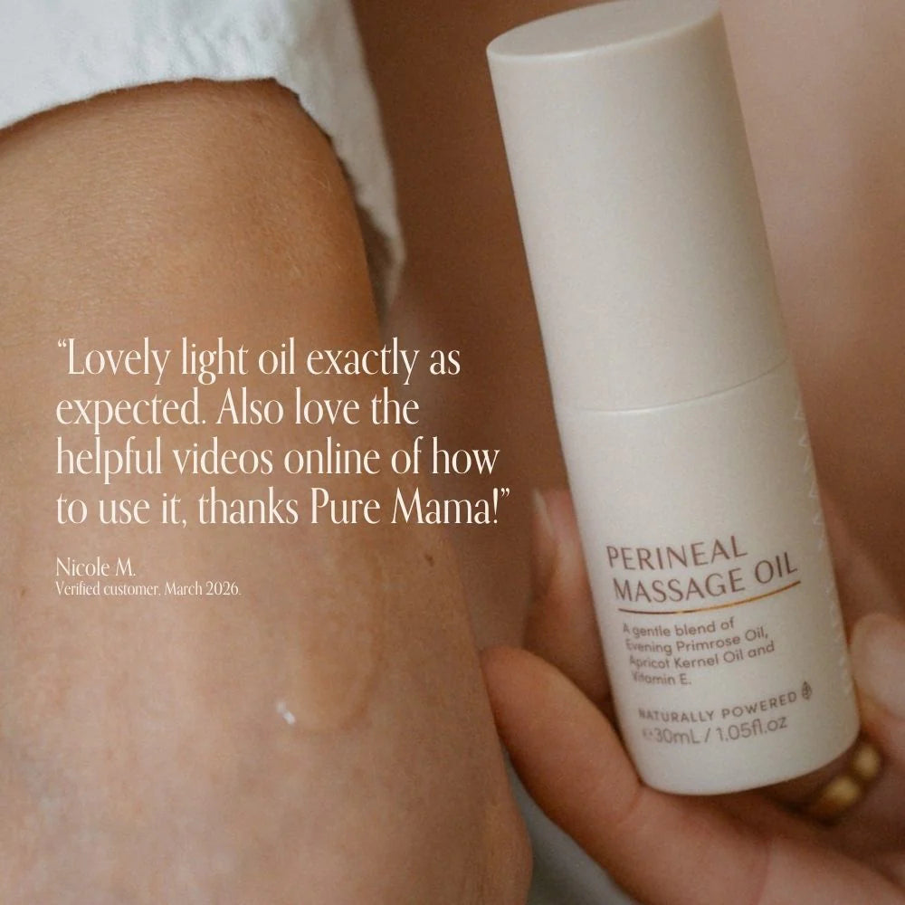 Pure Mama Perineal Massage Oil for women, used for birth prep to reduce tearing and episotomy, natural and soothing.