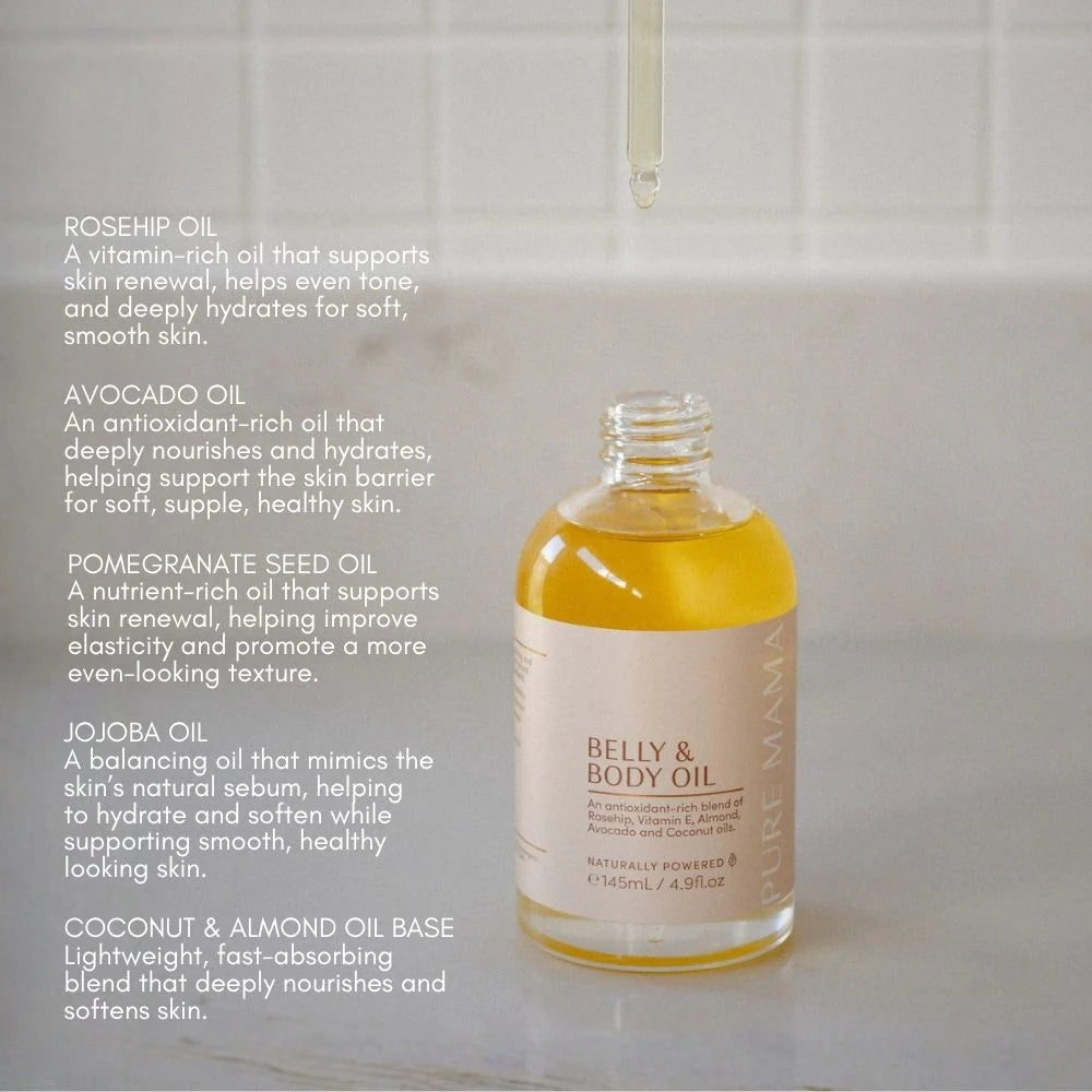 Pure Mama Pregnancy Care Set with belly and body oils, magnesium body rub, and body scrub for women’s prenatal skincare.