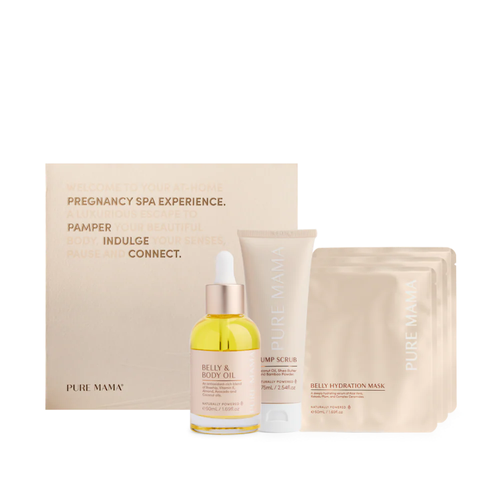 Pure Mama Belly Spa Kit with oil, scrub, and mask for women’s pregnancy care and relaxation.