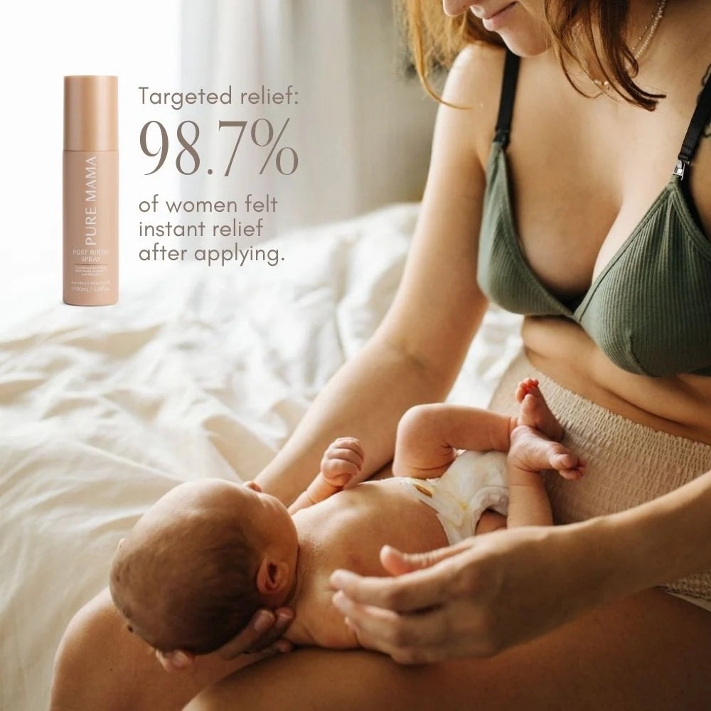 Pure Mama Post Birth Relief Spray with witch hazel and aloe for women’s care, soothing vulva and postpartum discomfort.