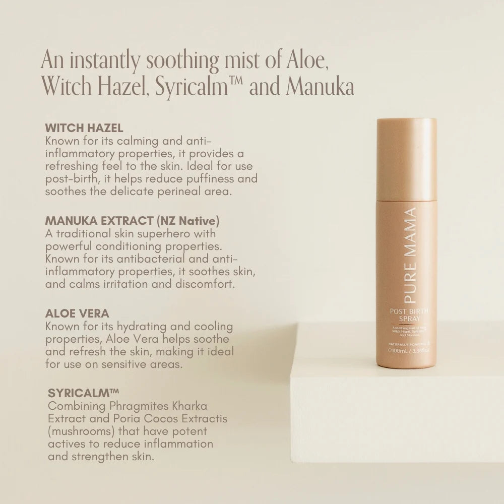 Pure Mama Post Birth Relief Spray with witch hazel and aloe for women, shown in a spray bottle designed for vulva and perineal comfort.