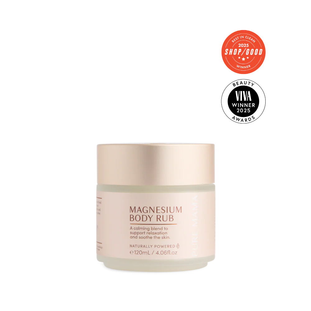 Pure Mama Magnesium Body Rub for women, 120ml, featuring relaxing, sleep-supporting magnesium to ease muscle tension and promote relaxation.