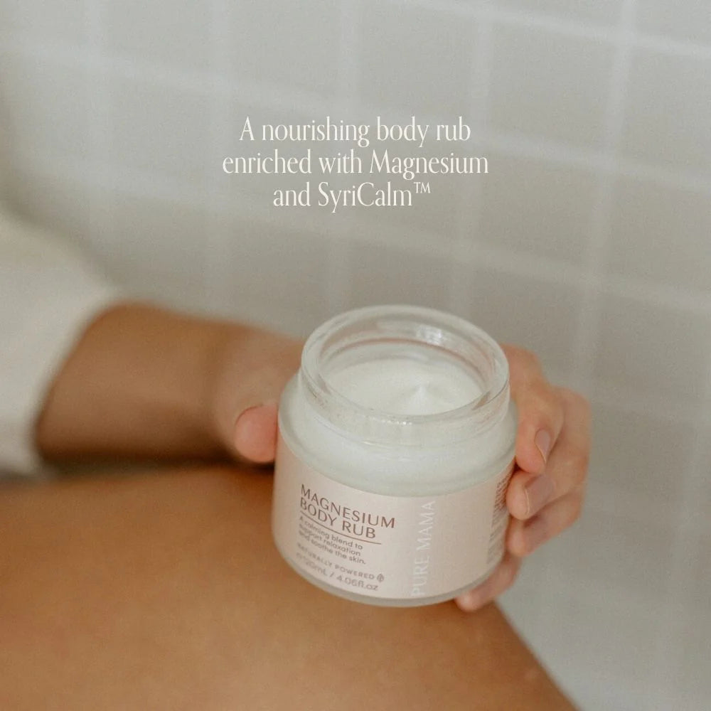 Pure Mama Magnesium Body Rub for women, 120ml, showing the soothing lotion with a focus on relaxation and muscle relief.
