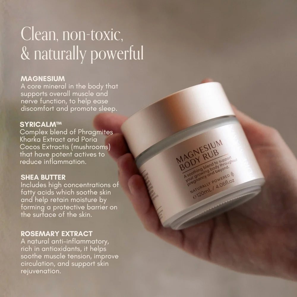 Pure Mama Magnesium Body Rub for women, 120ml, showing the soothing cream container with relaxation and muscle relief benefits.