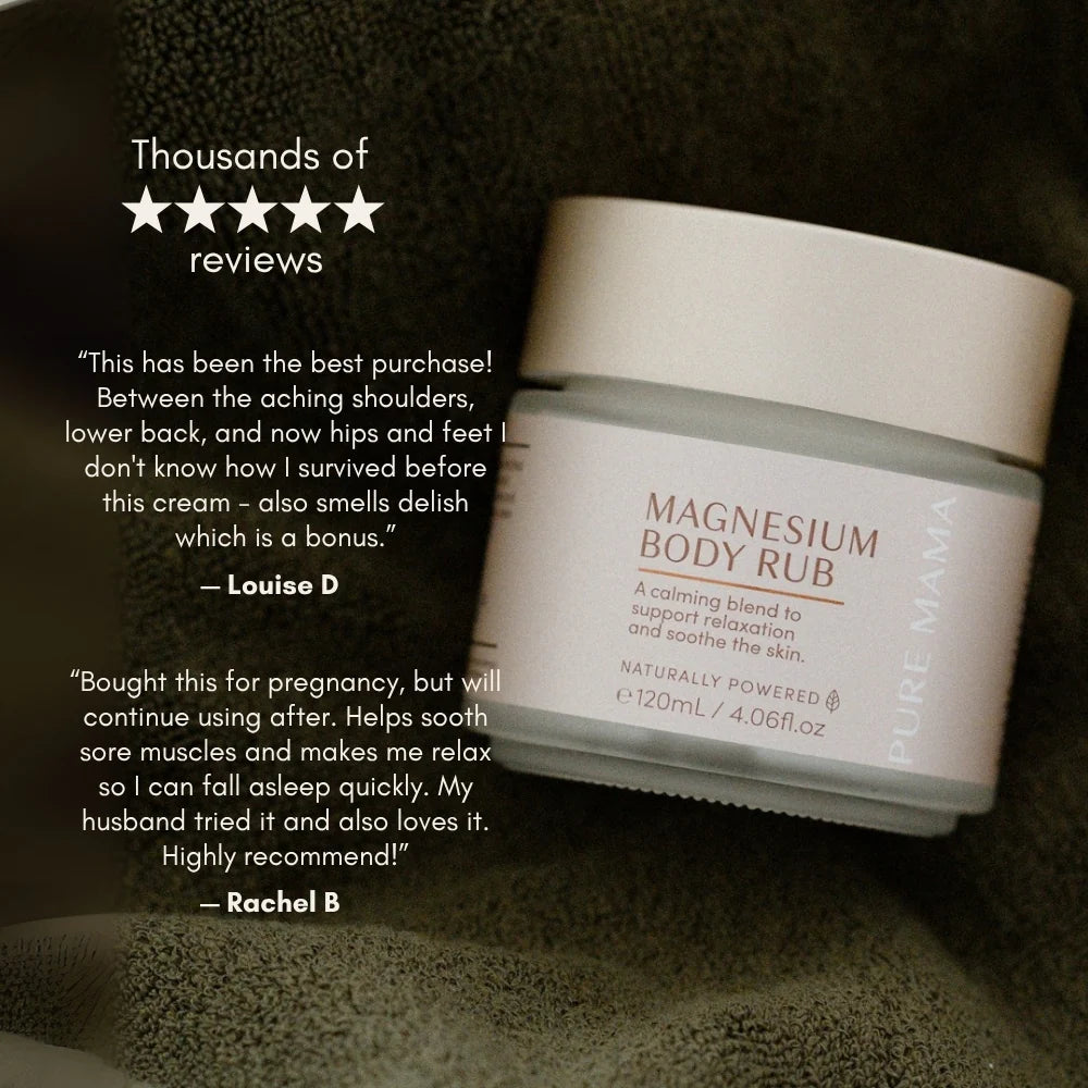 Pure Mama Magnesium Body Rub for women, 120ml, showing the soothing cream container designed for sleep support and muscle relaxation.