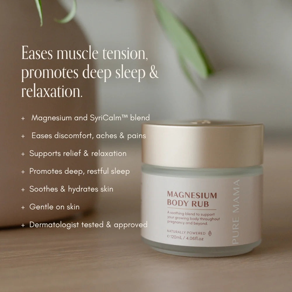 Pure Mama Magnesium Body Rub for women, 120ml, showing a tube of magnesium body relief cream for relaxation and muscle relief.