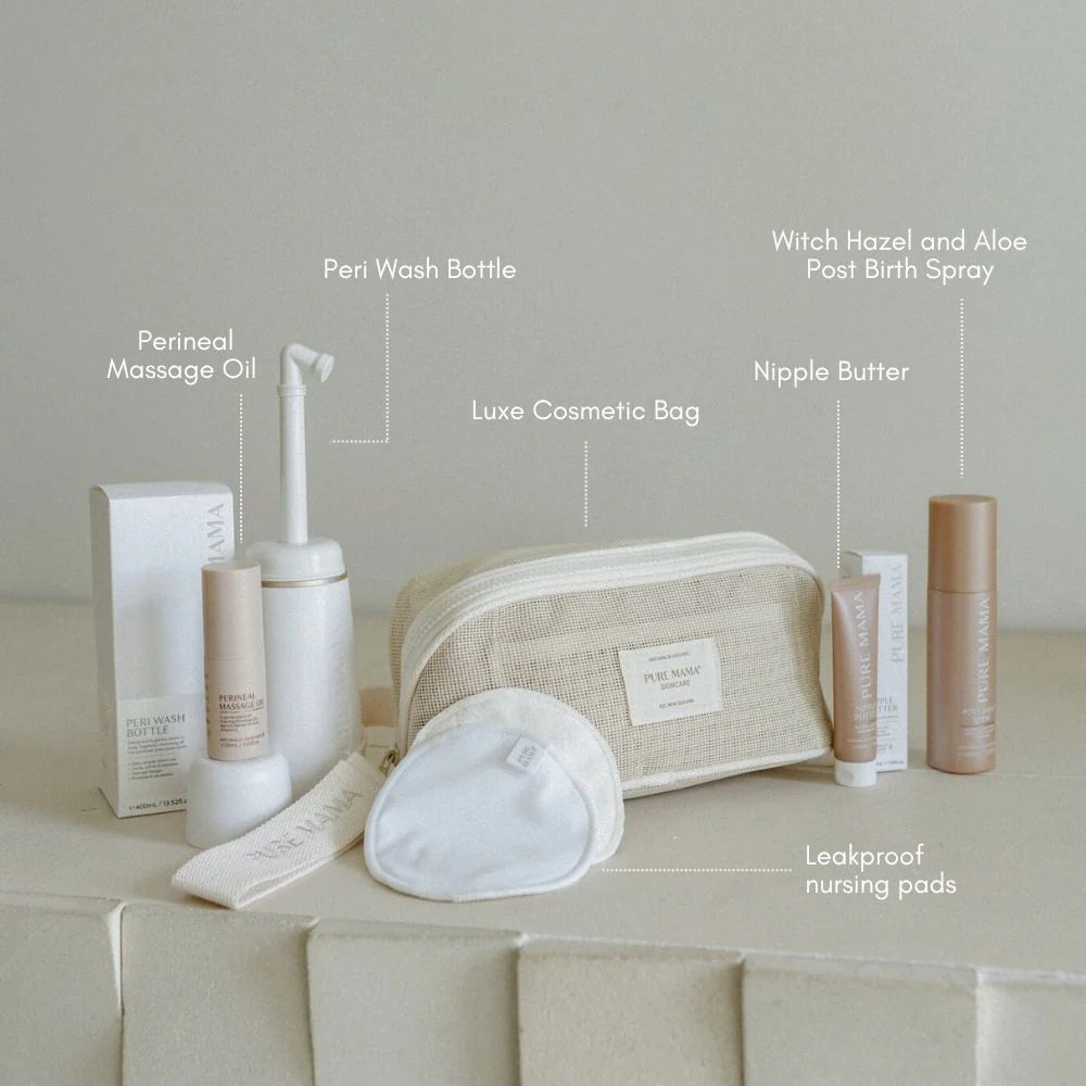 Pure Mama postpartum recovery set including perineal massage oil, nipple butter, nursing pads, peri-wash bottle for women care.