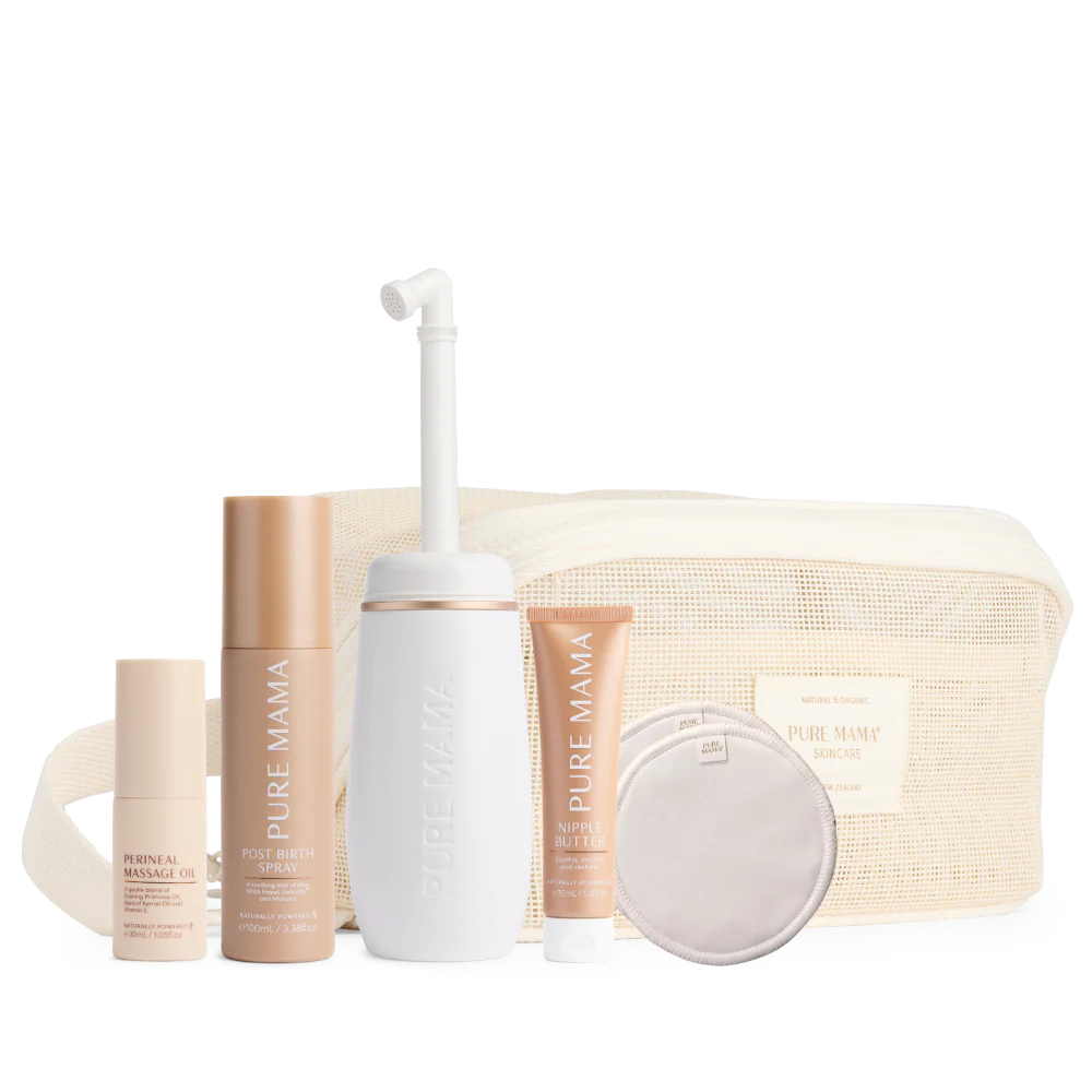Pure Mama postpartum recovery set including perineal massage oil, nipple butter, nursing pads, peri wash bottle, and post-birth spray.