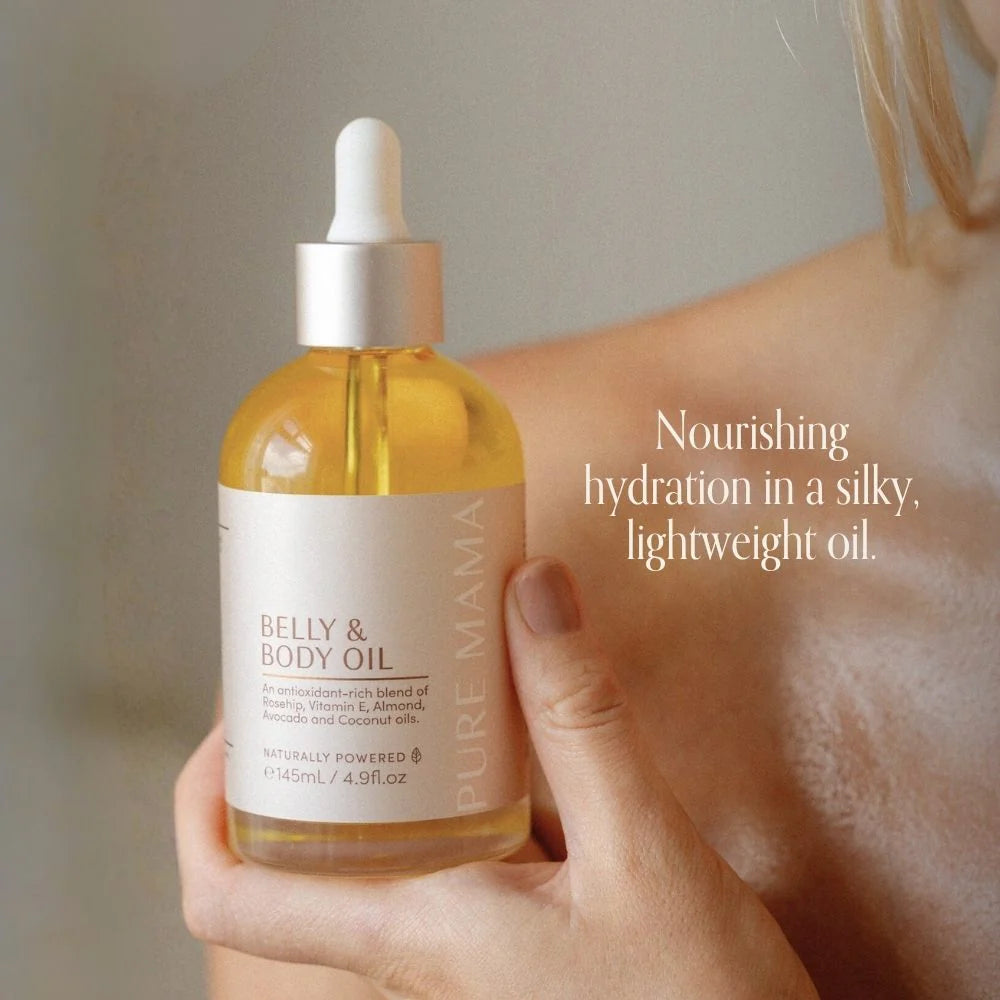 Pure Mama Belly & Body Oil in 145ml bottle, natural women care product for stretch mark prevention and skin firming.
