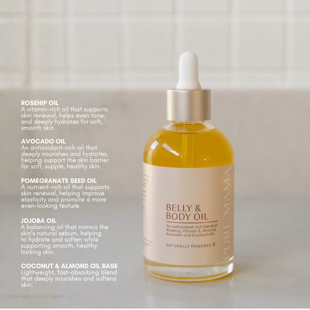 Pure Mama Belly & Body Oil bottle with a white cap, designed for women’s skin care and stretch mark prevention.