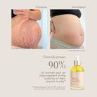 Pure Mama Belly & Body Oil for women, showing a 145ml bottle with nourishing, lightweight oil for stretch marks and skin care.