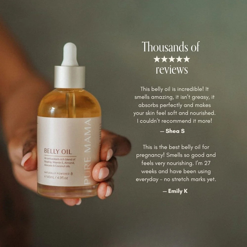 Pure Mama Belly & Body Oil in a 145ml bottle, designed for women’s skin care, featuring a smooth, moisturizing texture for stretch mark prevention