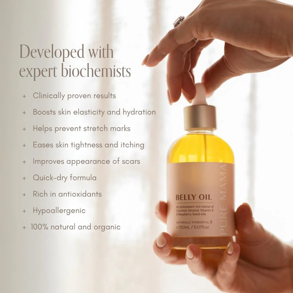Pure Mama Belly & Body Oil for women, 145ml bottle with smooth, nourishing oil for stretch marks and skin firming.