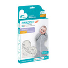 Love to Dream Swaddle Up™ Bamboo 1.0 TOG swaddle with stars and moon print in grey, designed for comfortable baby sleep.