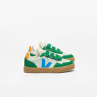 VEJA Small V-90 leather sneakers in Jade Egee Emeraude with green organic leather, showcasing the stylish shoe design.