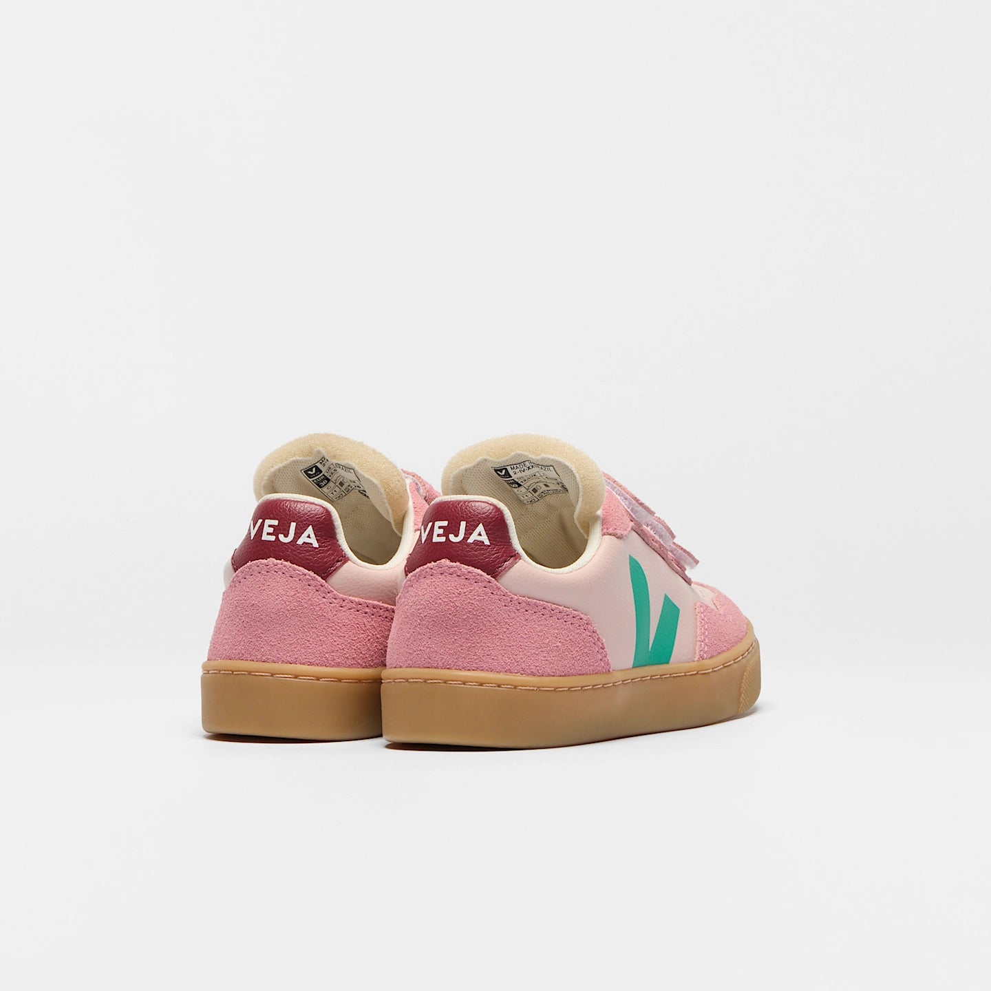 Pink VEJA Small V-90 leather sneakers with Petale Mary tag, featuring organic leather and classic low-top design.