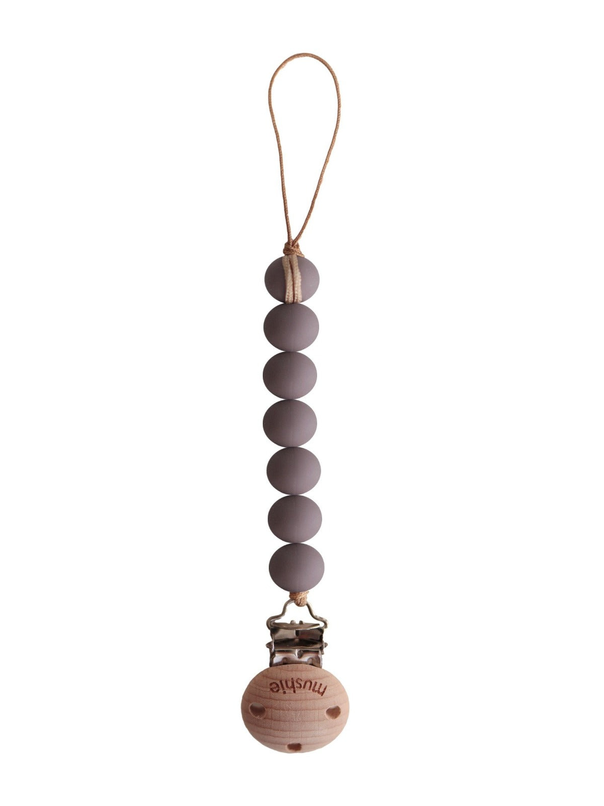 Mushie Cleo Pacifier Clip in Ash color attached to a pacifier, showcasing a durable, stylish pacifier case with a secure clip.