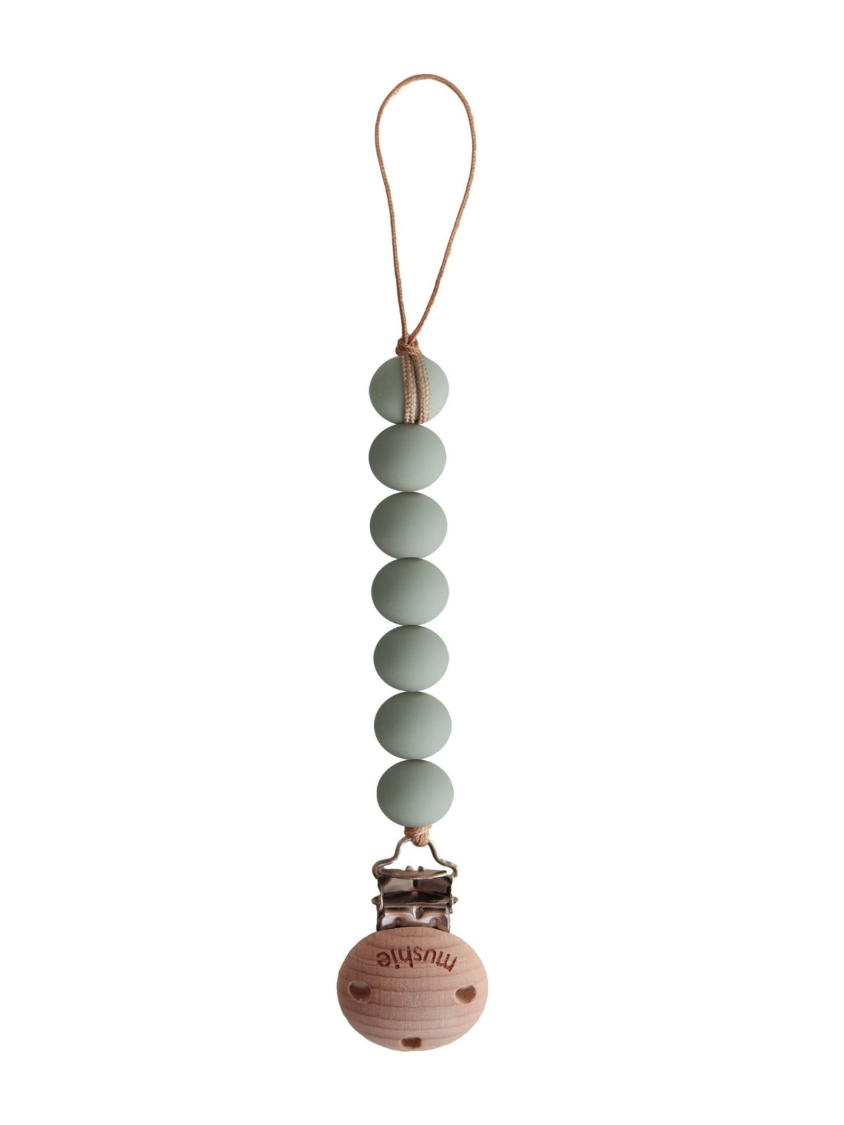 Mushie Cleo Pacifier Clip in Sage attached to a matching pacifier case, showcasing a stylish and functional baby accessory.