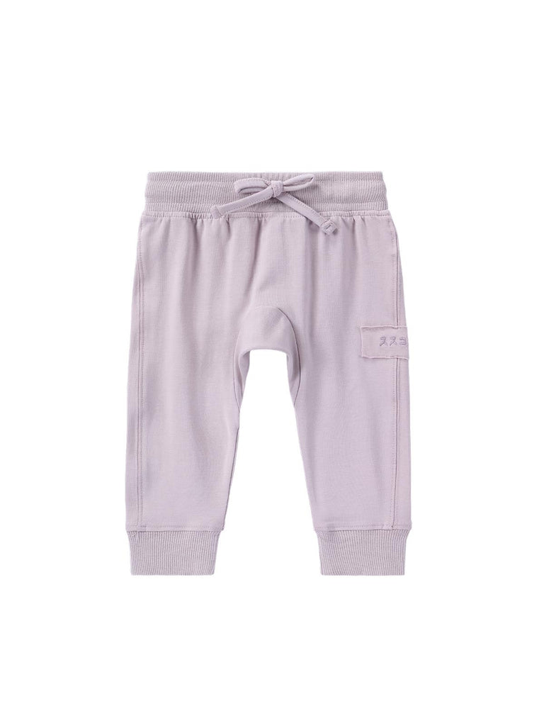 Susukoshi organic jogger pants for babies and girls. Lilac colour.