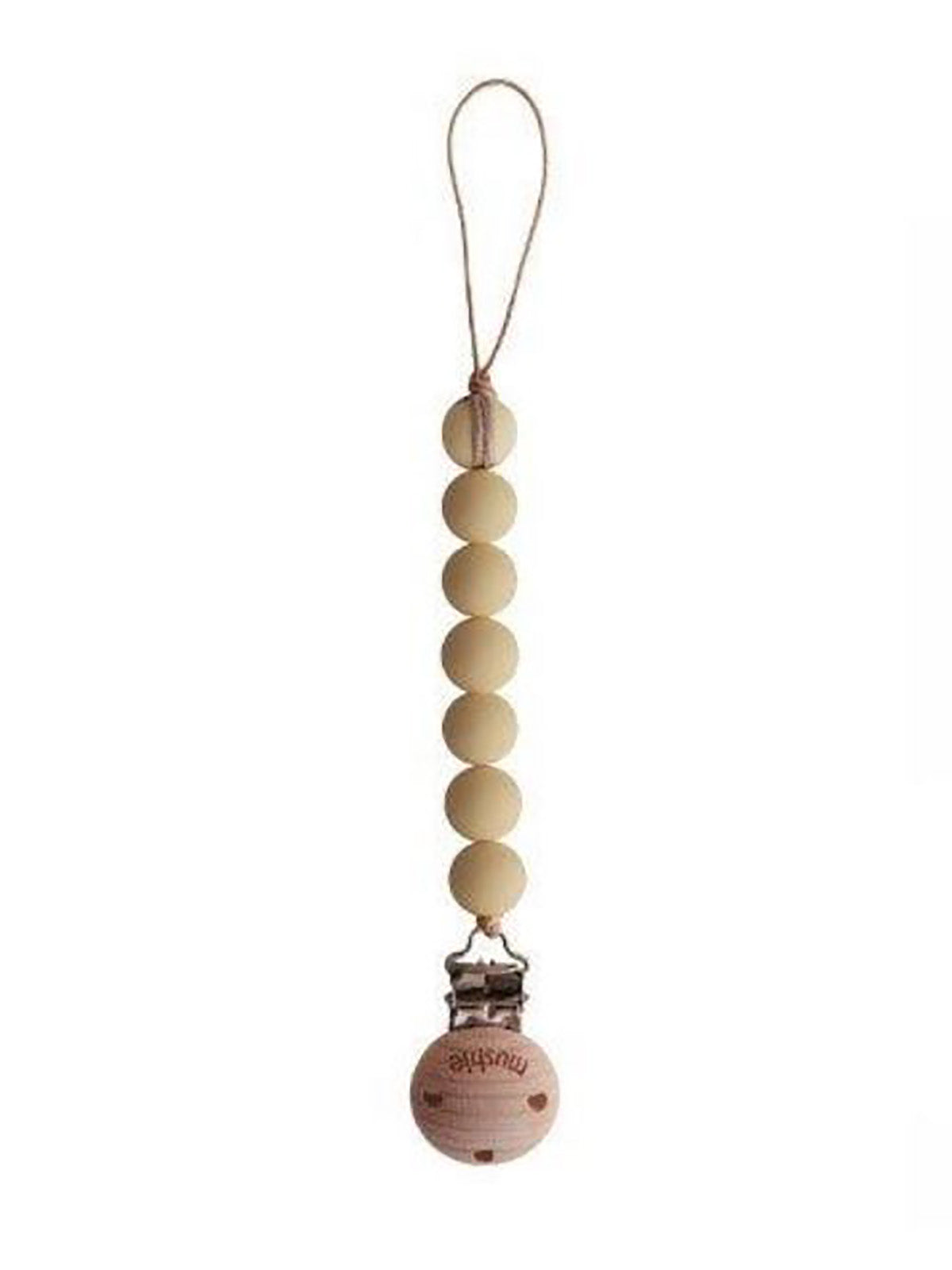 Mushie Cleo pacifier clip in muted yellow, attached to a matching pacifier case, showcasing a soft, minimalist design.