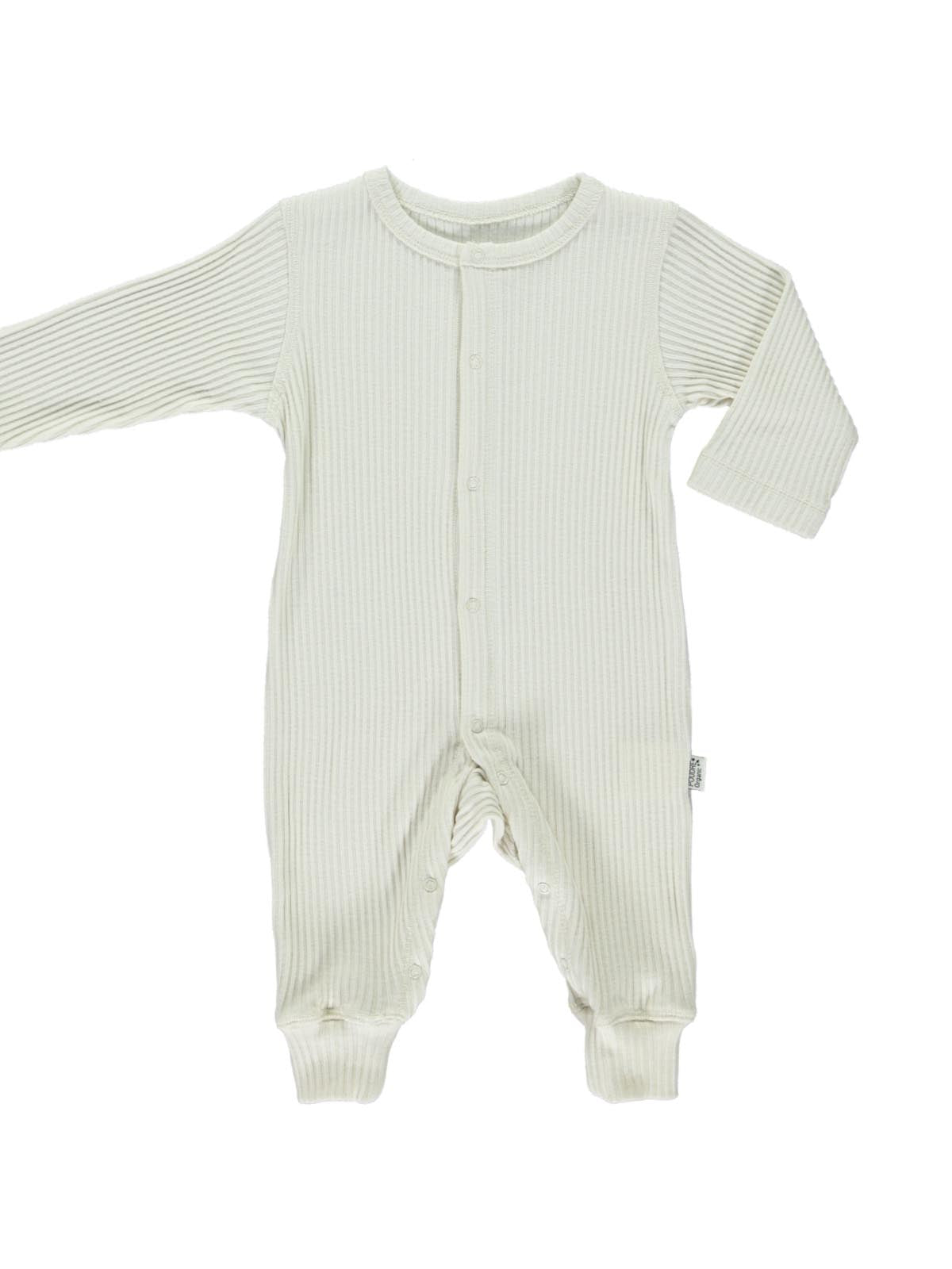 Organic Poudre Organic ribbed onesie in almond milk color, soft and comfortable baby pajama with a cozy texture.