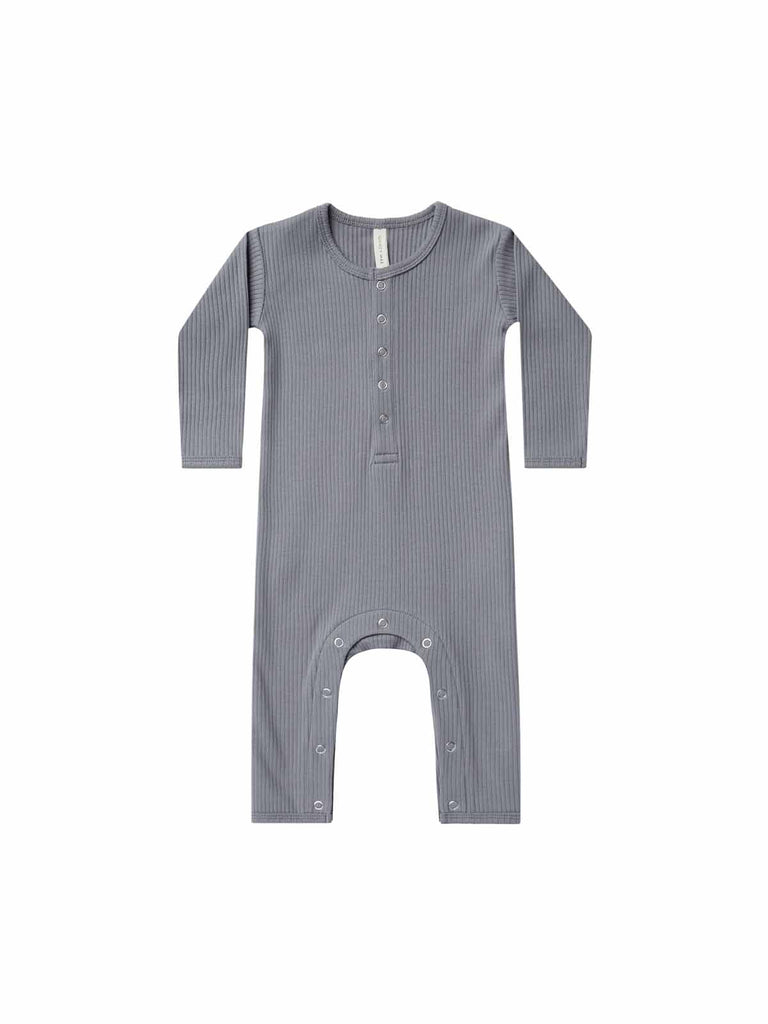 Quincy Mae baby jumpsuit washed indigo. Blue ribbed jumpsuit.